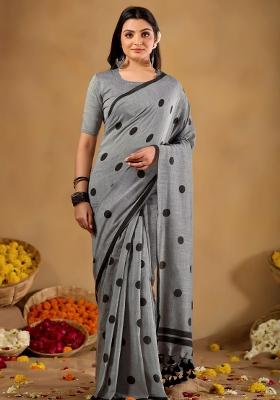 Grey Solid Cotton Saree Set