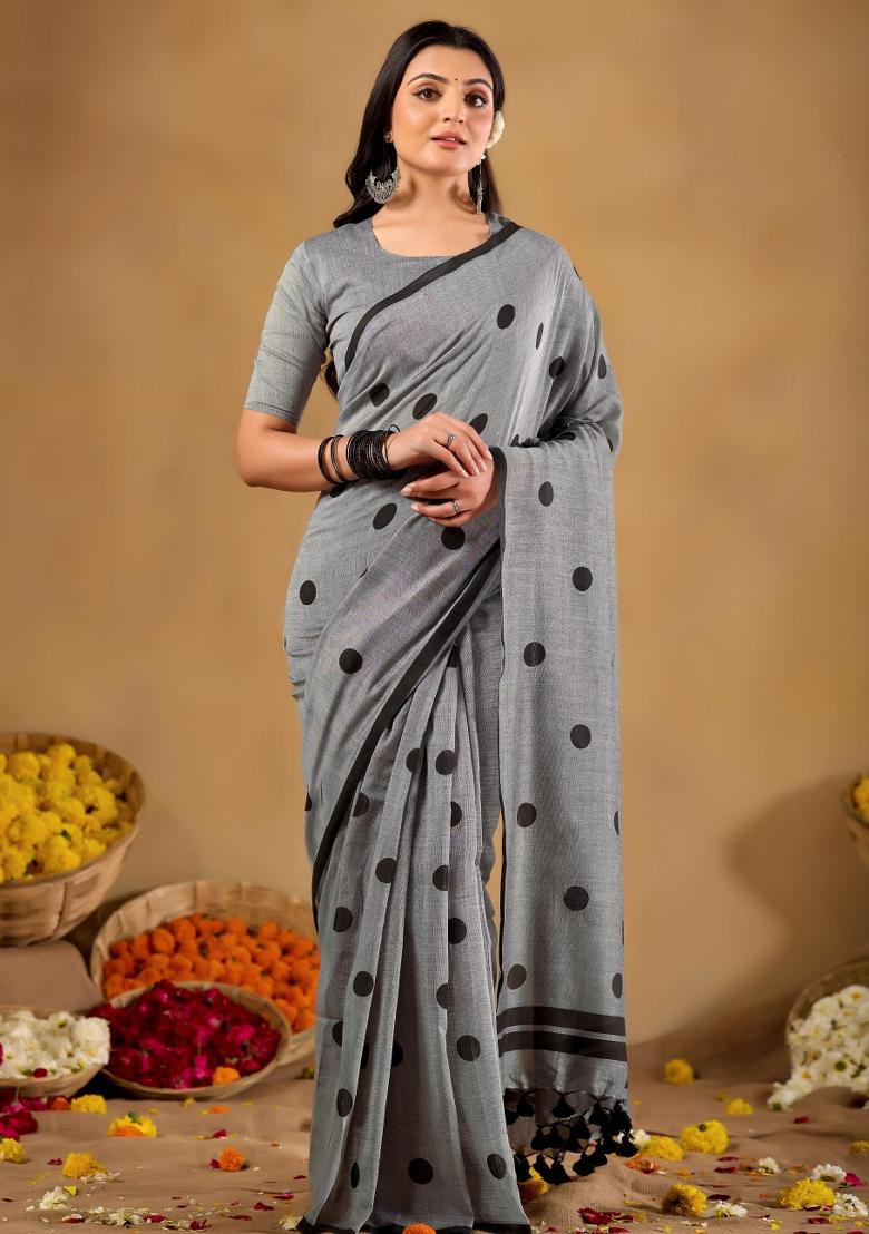 Grey Solid Cotton Saree Set - Indya