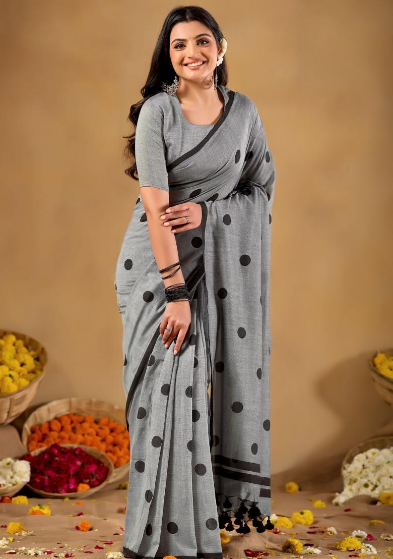 Grey Solid Cotton Saree Set - Indya