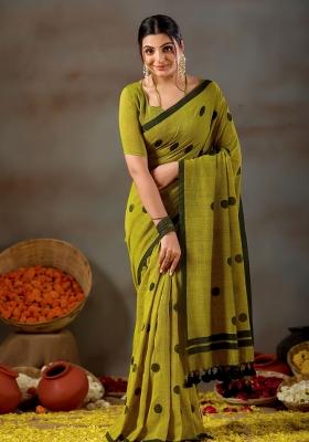 Green Solid Cotton Saree Set