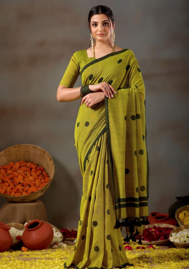 Green Solid Cotton Saree Set - Indya