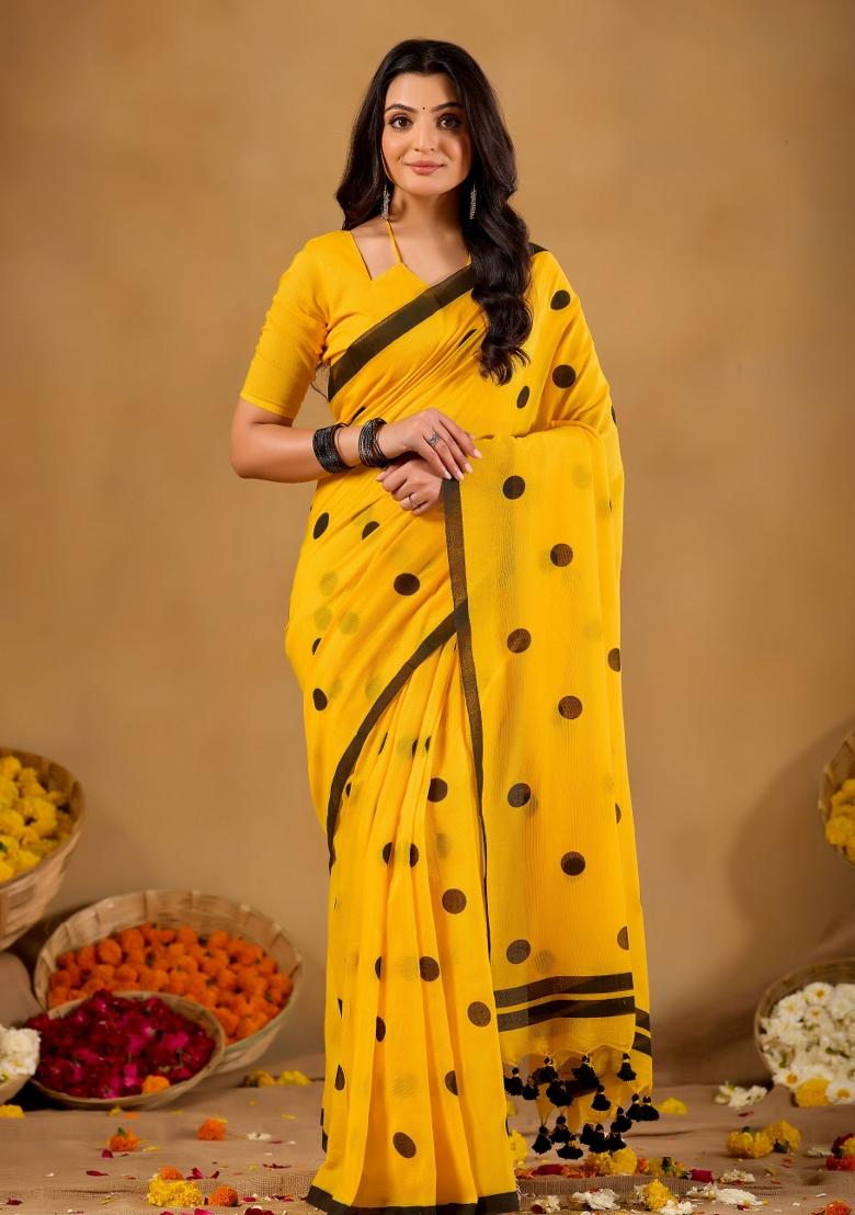 Yellow Solid Cotton Saree Set - Indya