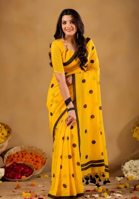 Yellow Solid Cotton Saree Set