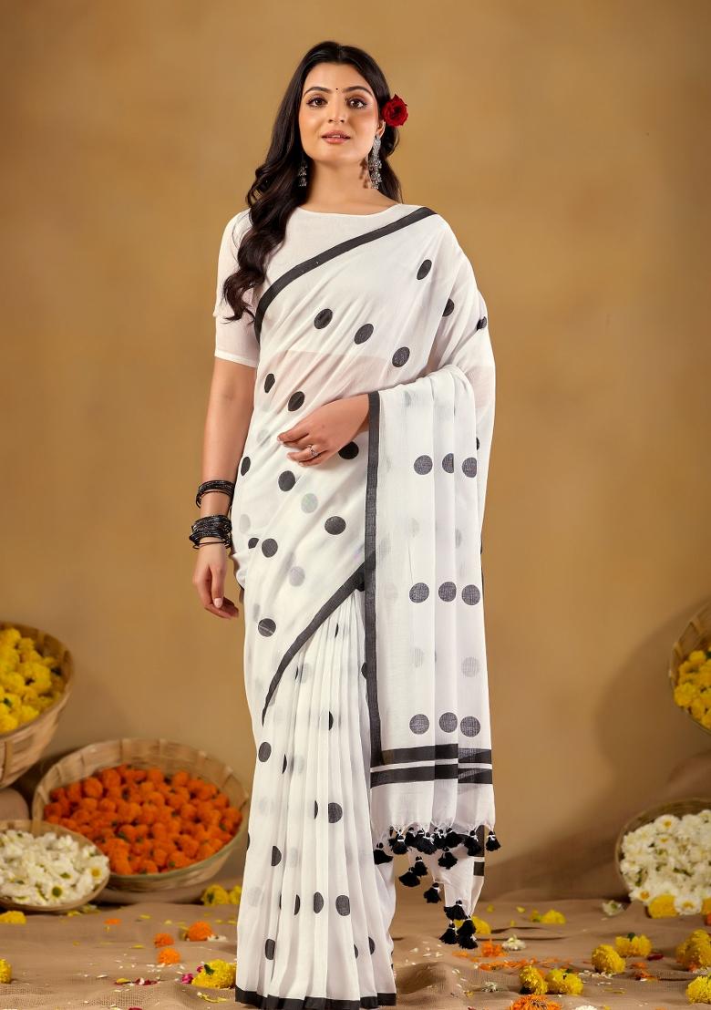 White Solid Cotton Saree Set - Indya