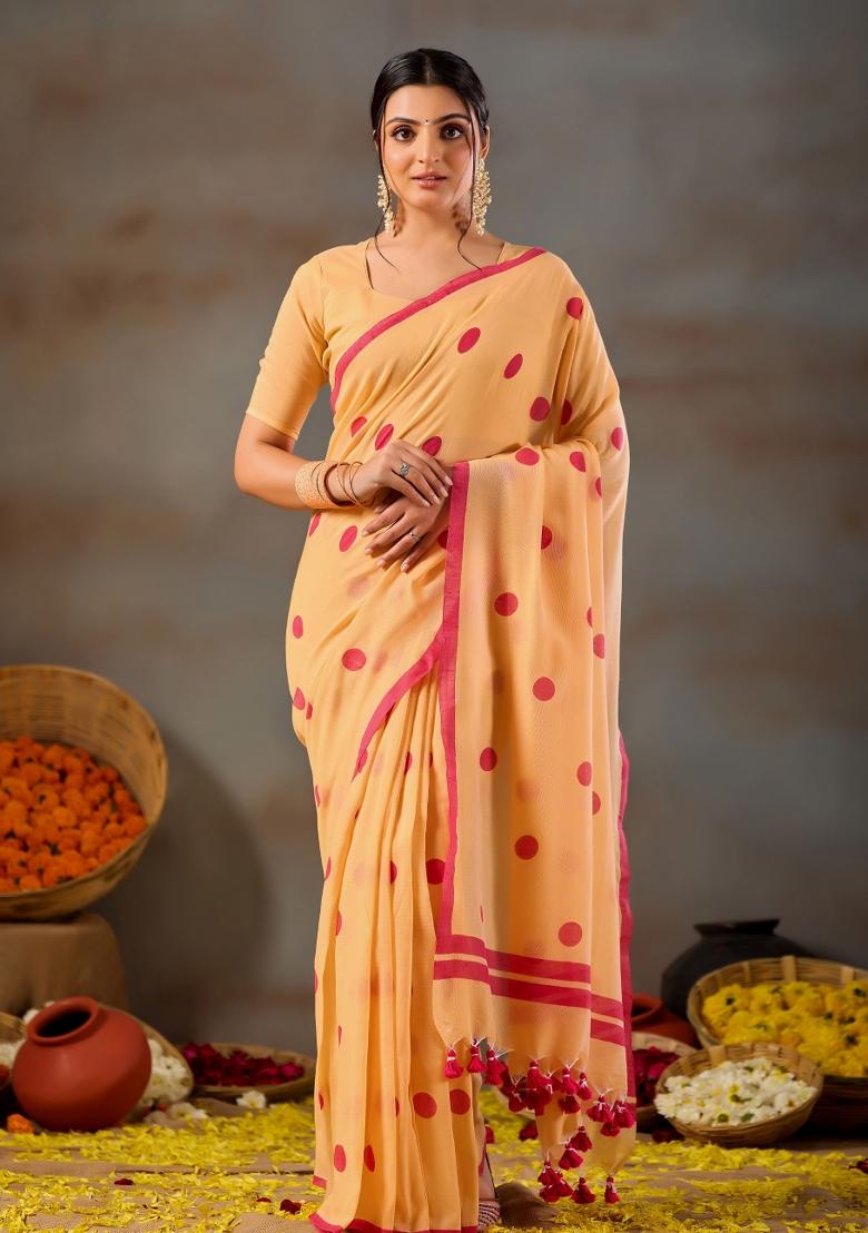 Yellow Solid Cotton Saree Set - Indya