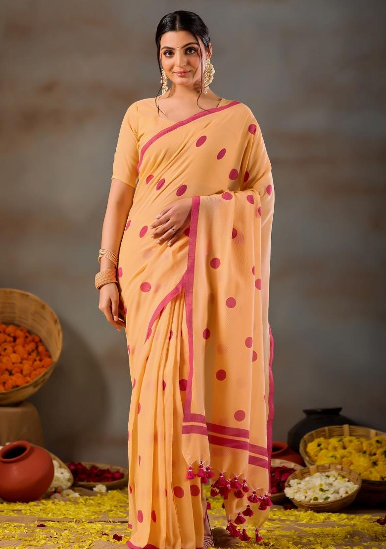 Yellow Solid Cotton Saree Set - Indya