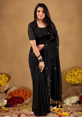 Black Solid Cotton Saree Set