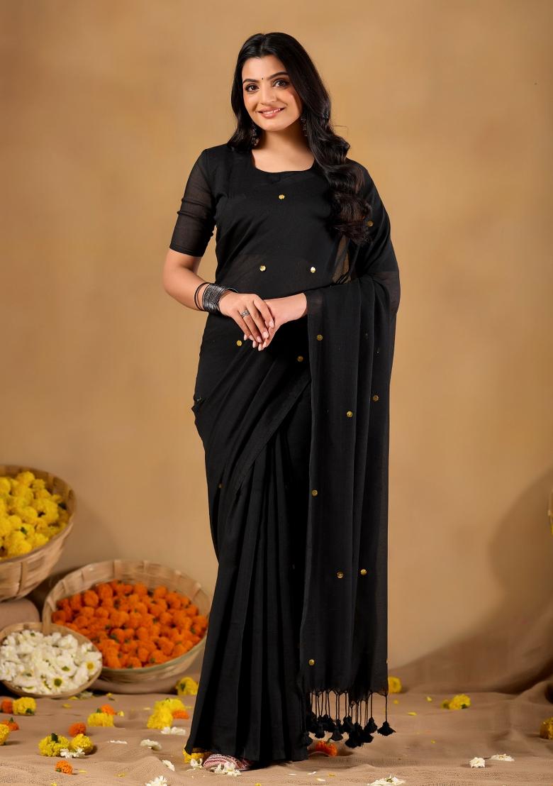Black Solid Cotton Saree Set - Indya