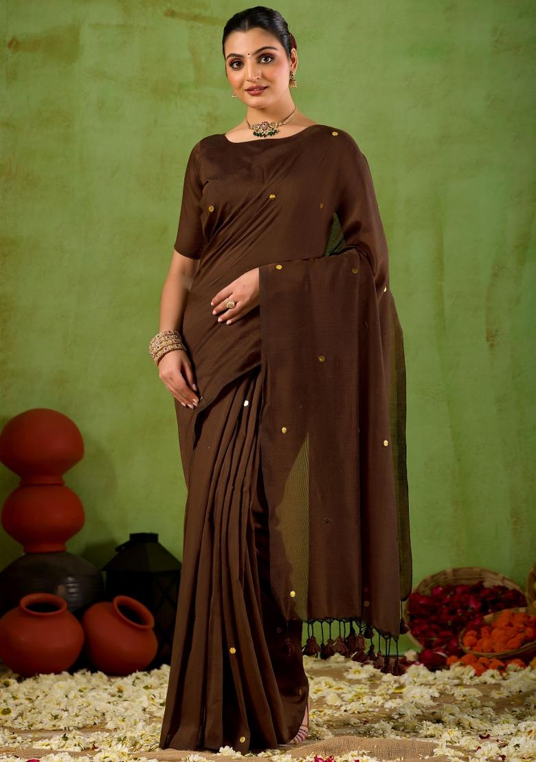 Coffee Brown Solid Cotton Saree Set - Indya