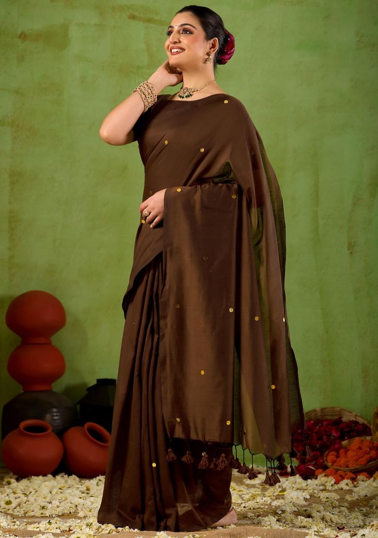 Coffee Brown Solid Cotton Saree Set - Indya