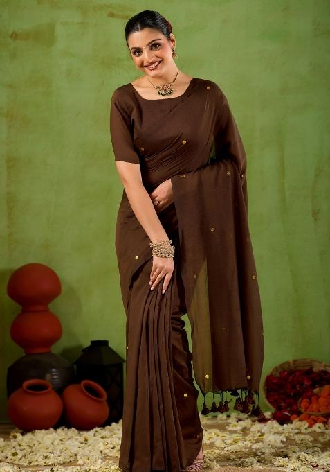 Coffee Brown Solid Cotton Saree Set