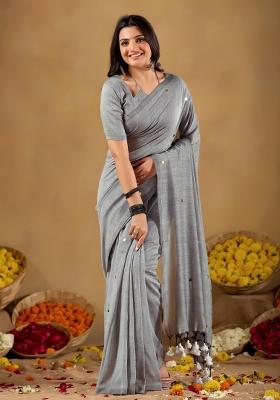 Grey Solid Cotton Saree Set