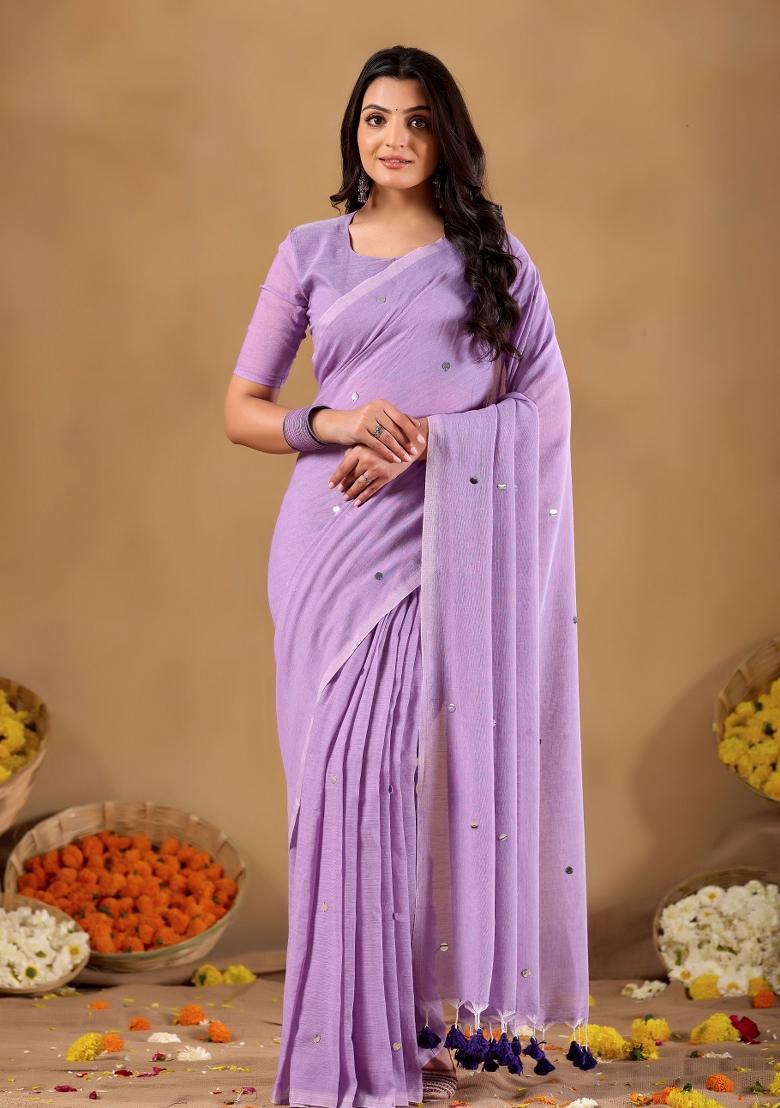 Lavender Solid Cotton Saree Set - Indya