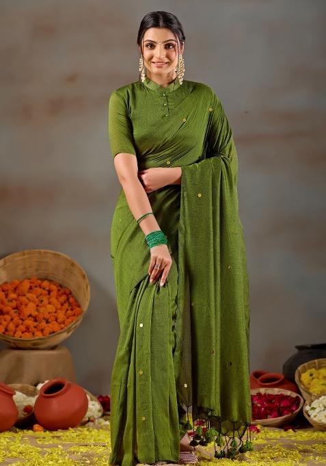 Green Solid Cotton Saree Set