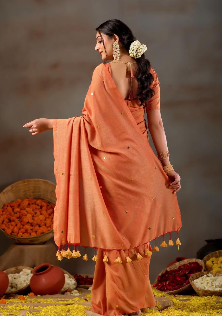 Orange Solid Cotton Saree Set - Indya