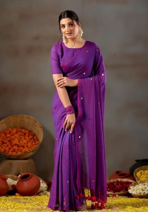Purple Solid Cotton Saree Set