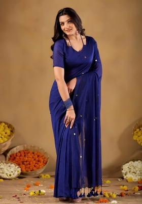 Blue Solid Cotton Saree Set