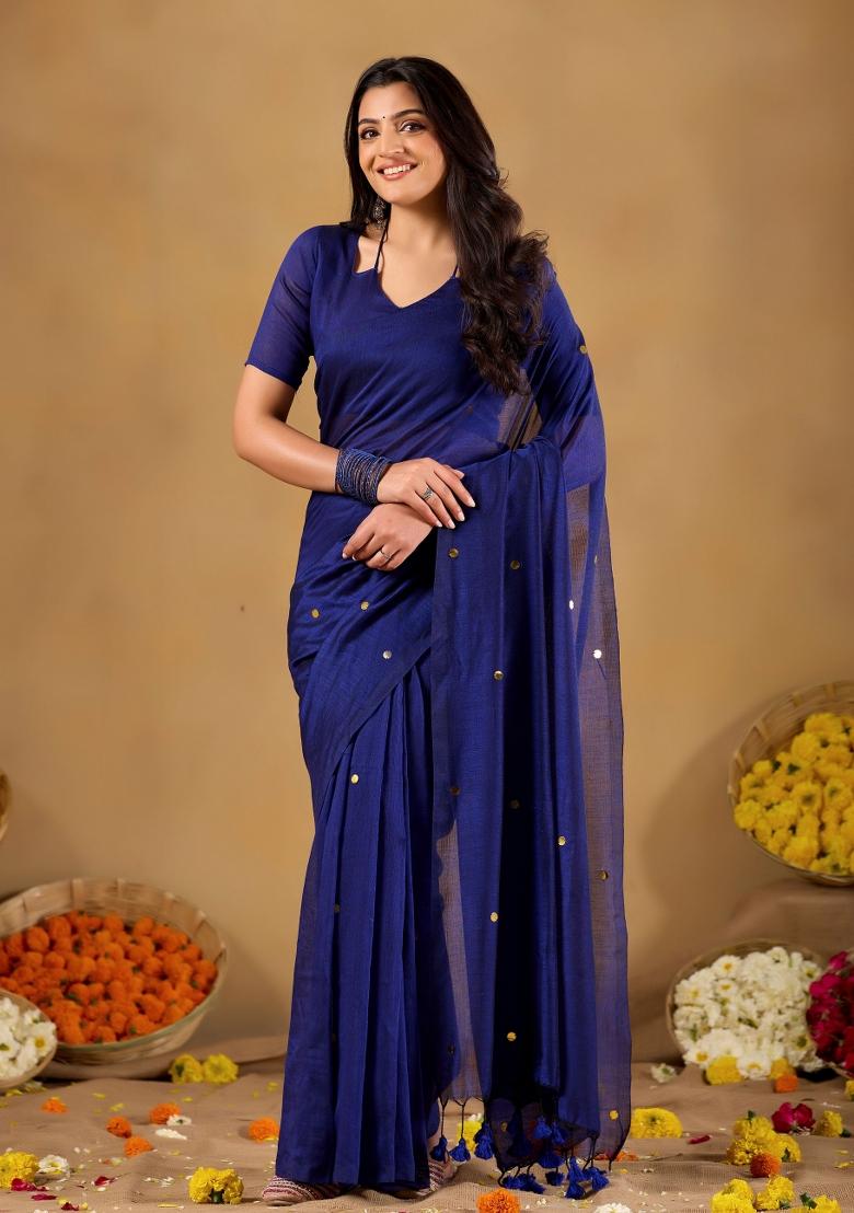 Blue Solid Cotton Saree Set - Indya