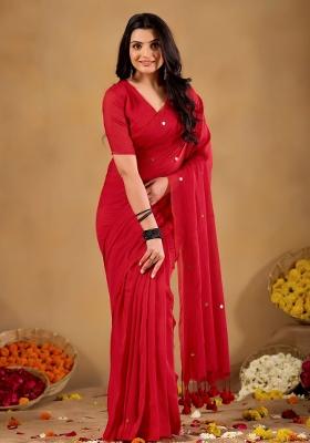 Red Solid Cotton Saree Set