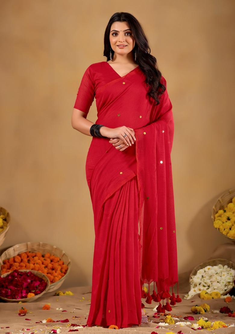 Red Solid Cotton Saree Set - Indya