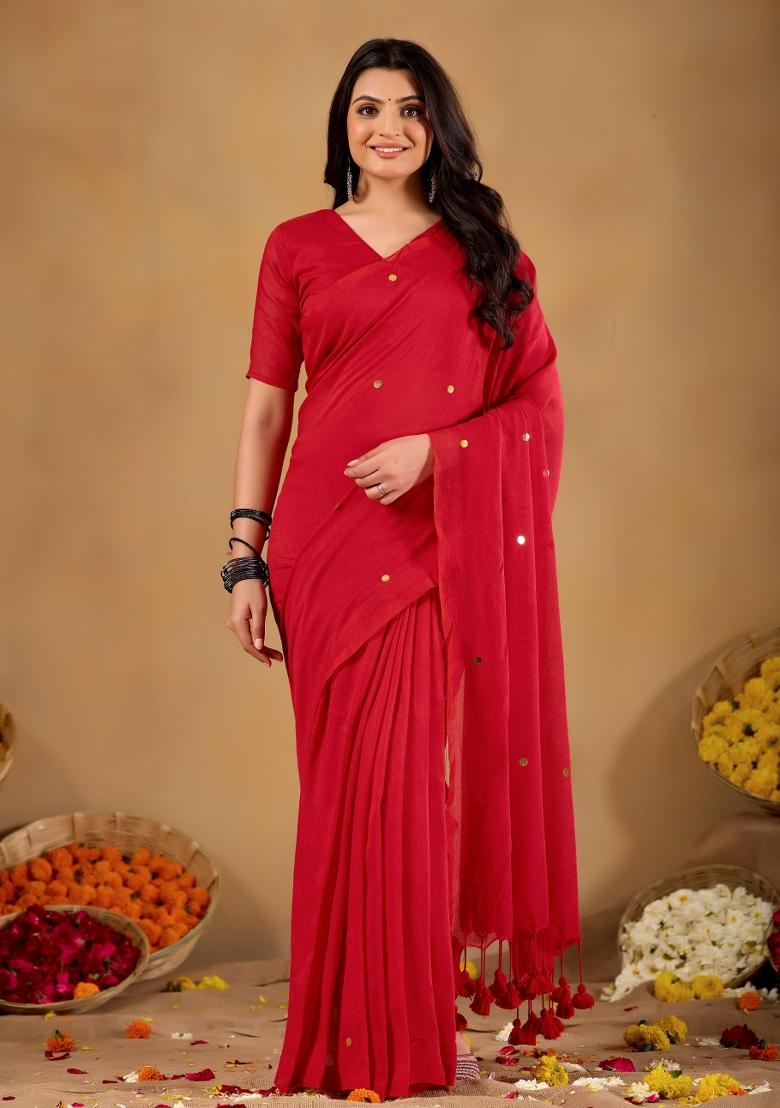 Red Solid Cotton Saree Set - Indya