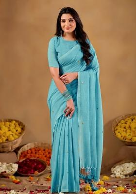 Blue Solid Cotton Saree Set