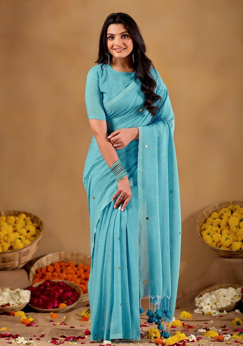 Blue Solid Cotton Saree Set - Indya