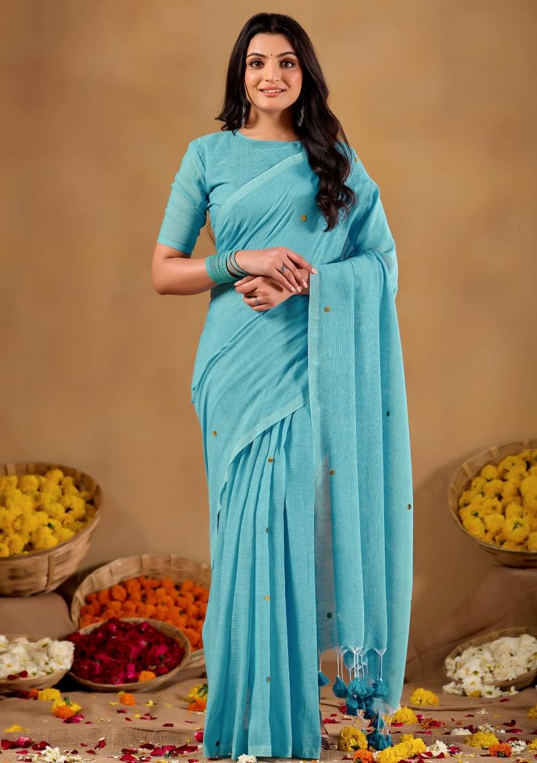 Blue Solid Cotton Saree Set - Indya