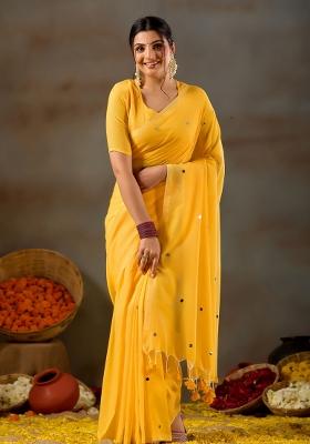 Yellow Solid Cotton Saree Set