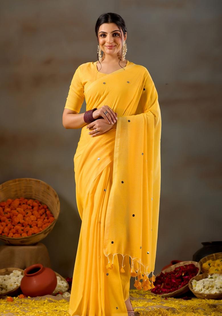 Yellow Solid Cotton Saree Set - Indya