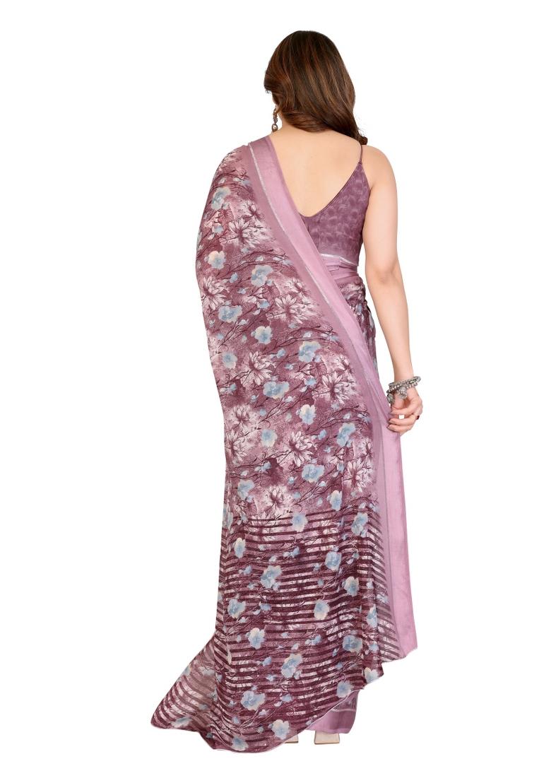 Purple Printed Satin Saree Set - Indya