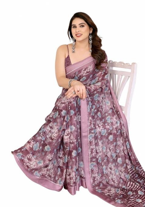 Purple Printed Satin Saree Set