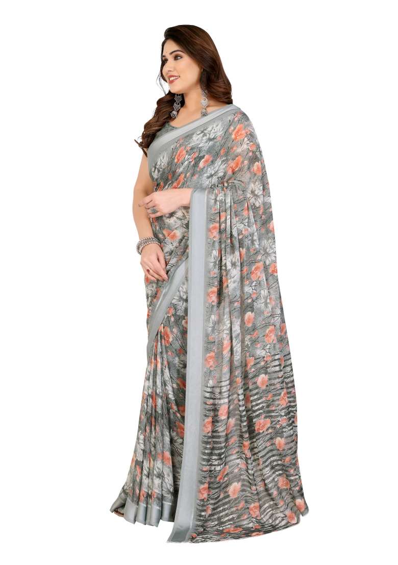 Grey Printed Satin Saree Set for Diwali and Festive Wear - Indya