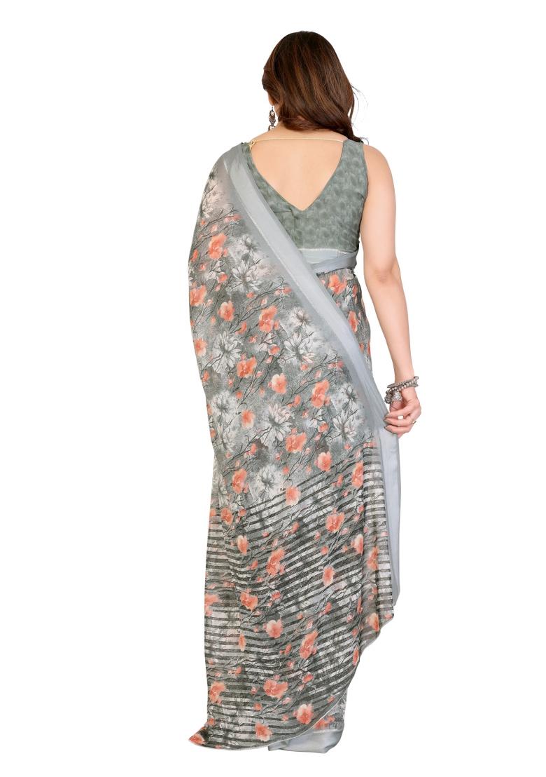 Grey Printed Satin Saree Set - Indya