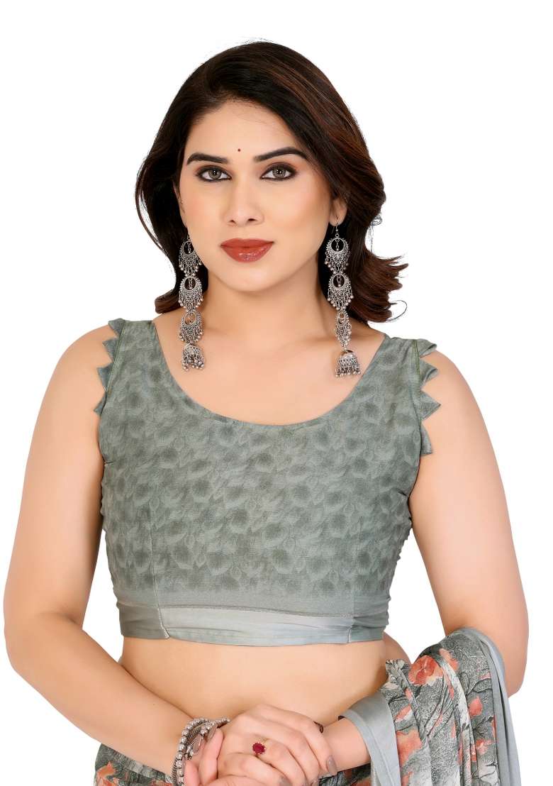 Grey Printed Satin Saree Set for Diwali and Festive Wear - Indya