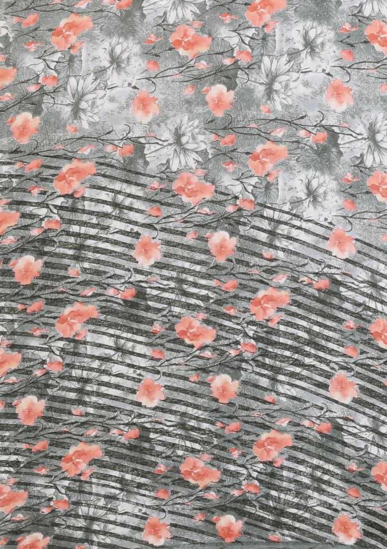 Grey Printed Satin Saree Set - Indya