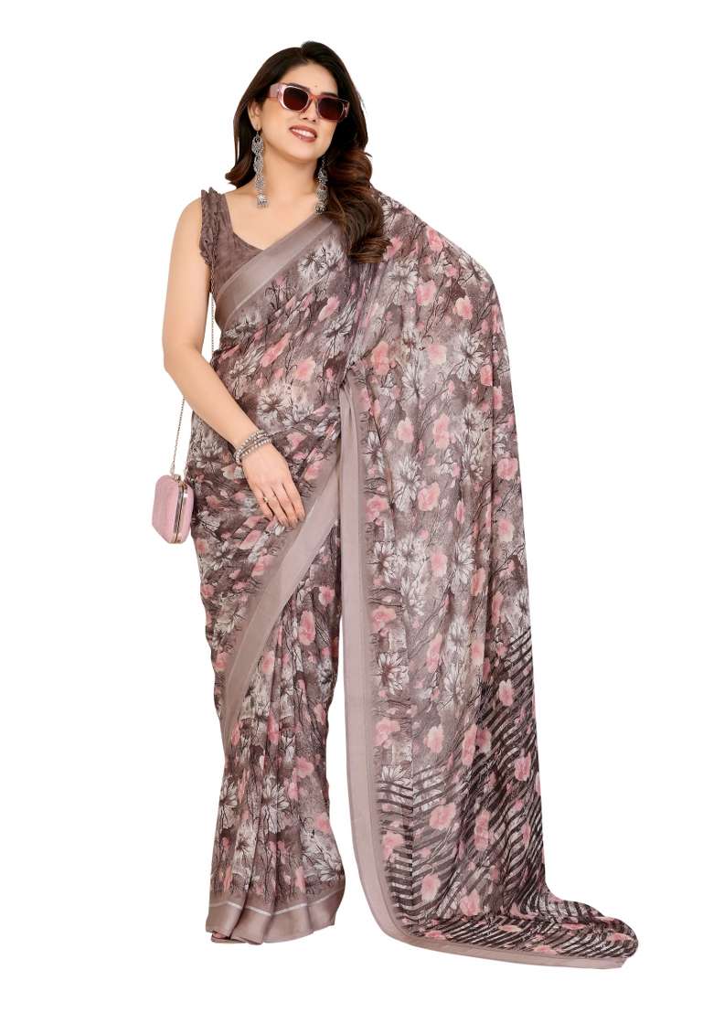 Brown Printed Satin Saree Set for Diwali and Festive Wear - Indya