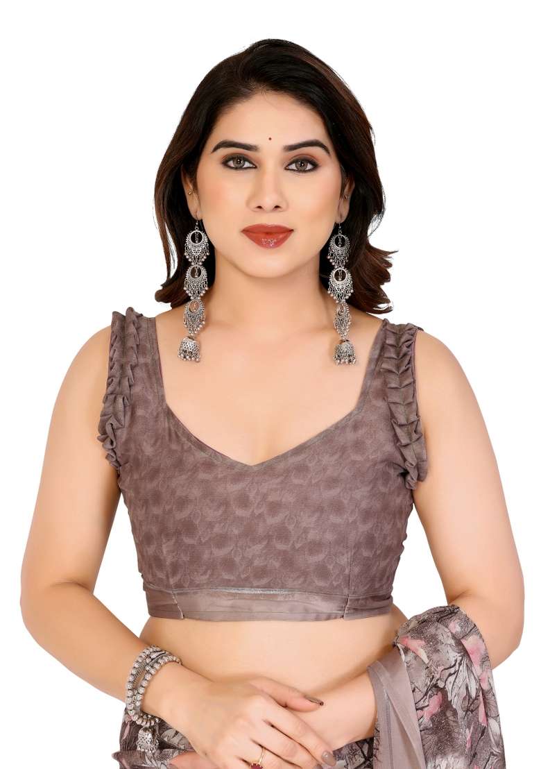 Brown Printed Satin Saree Set for Diwali and Festive Wear - Indya