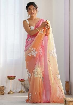 Pink Lavender Embroidery Silk Saree Set