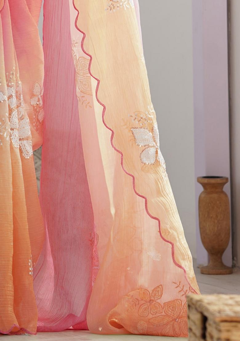 Pink Lavender Embroidery Silk Saree Set - Indya