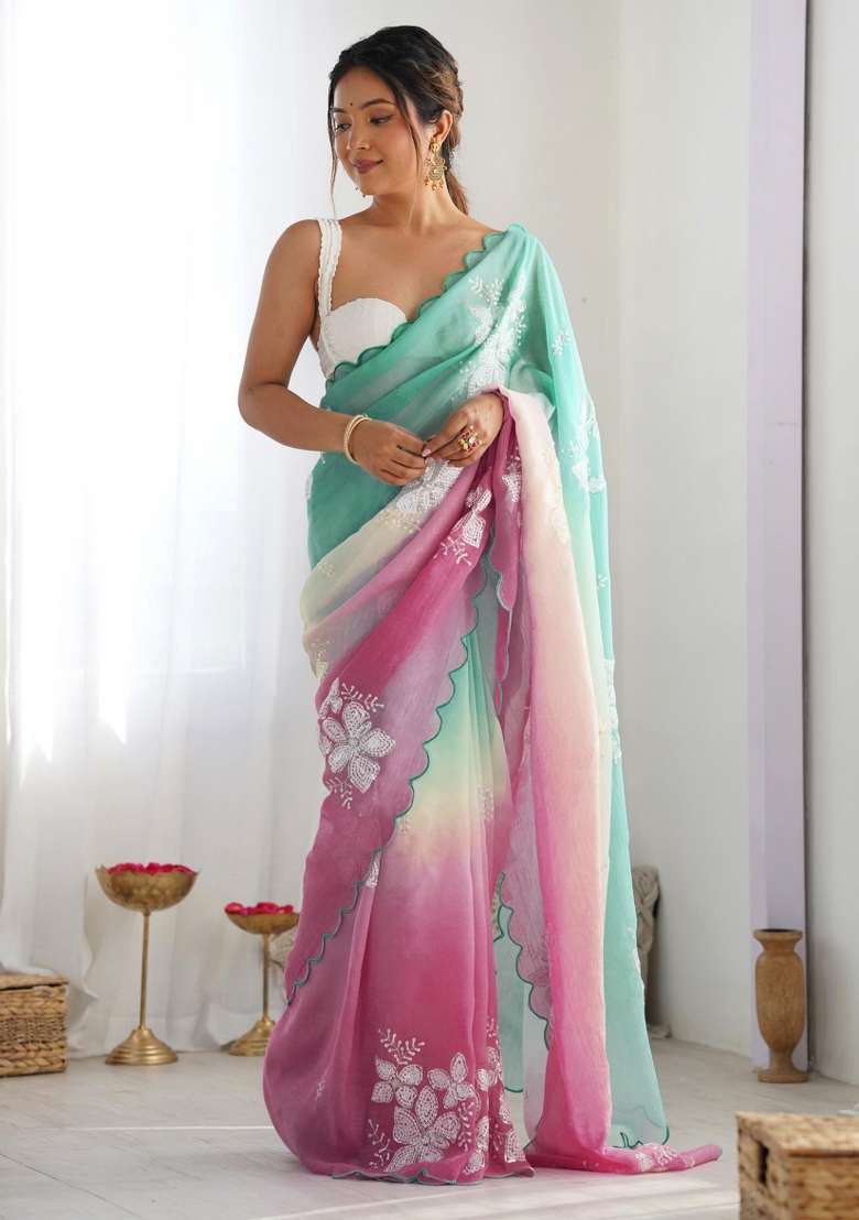 Pink Sky Silk Blend Saree Set with Embroidery for Diwali | Wedding & Festive Wear - Indya