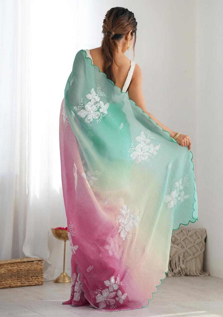 Pink Sky Embroidery Silk Saree Set - Indya