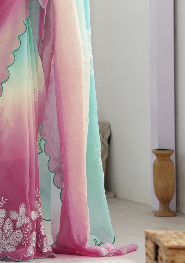 Pink Sky Embroidery Silk Saree Set - Indya