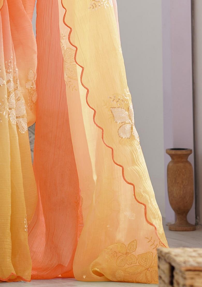 Orange Yellow Embroidery Silk Saree Set - Indya