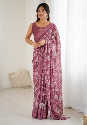 Lavender Printed Satin Saree Set
