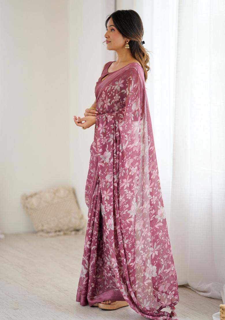 Lavender Printed Satin Saree Set - Indya