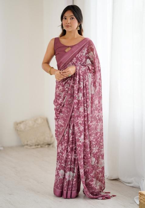 Lavender Printed Satin Saree Set
