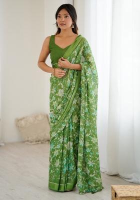 Green Printed Satin Saree Set