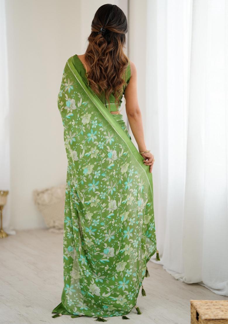 Green Printed Satin Saree Set - Indya