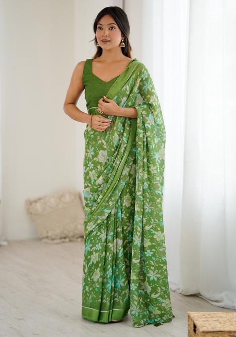 Green Printed Satin Saree Set